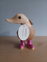 Load image into Gallery viewer, DCUK Wooden Disco Duck Pink Glitter Welly Boots Named CASPER