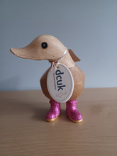 Load image into Gallery viewer, DCUK Wooden Disco Duck Pink Glitter Welly Boots Named CASPER