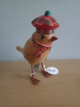 Load image into Gallery viewer, DCUK Garden Bird Red Tartan Hat and Scarf Named Hannah Gift Ornament 12cm Tall