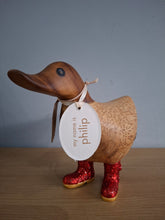 Load image into Gallery viewer, DCUK Wooden Disco Duck Red  Glitter Welly Boots Named PHILIP