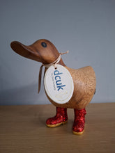 Load image into Gallery viewer, DCUK Wooden Disco Duck Red  Glitter Welly Boots Named PHILIP