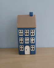 Load image into Gallery viewer, TEA LIGHT HOLDER Tall Blue House With Chimney Ceramic Gift By Quay Traders 23cm