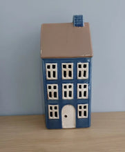 Load image into Gallery viewer, TEA LIGHT HOLDER Tall Blue House With Chimney Ceramic Gift By Quay Traders 23cm
