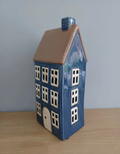 Load image into Gallery viewer, TEA LIGHT HOLDER Tall Blue House With Chimney Ceramic Gift By Quay Traders 23cm