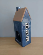 Load image into Gallery viewer, TEA LIGHT HOLDER Tall Blue House With Chimney Ceramic Gift By Quay Traders 23cm