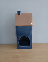 Load image into Gallery viewer, TEA LIGHT HOLDER Tall Blue House With Chimney Ceramic Gift By Quay Traders 23cm