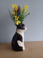 Load image into Gallery viewer, Black and White Cat Kitten Vase Ceramic Top Cat Vase by Village Pottery 20cm Tall NEW