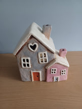 Load image into Gallery viewer, Village Pottery Pink and Grey Two House Tea Light Gift NEW RANGE