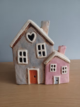 Load image into Gallery viewer, Village Pottery Pink and Grey Two House Tea Light Gift NEW RANGE