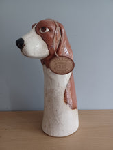 Load image into Gallery viewer, VILLAGE POTTERY TOP DOG VASE CERAMIC BROWN AND WHITE BASSETT HOUND VASE 26cm