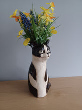 Load image into Gallery viewer, Black and White Cat Kitten Vase Ceramic Top Cat Vase by Village Pottery 20cm Tall NEW
