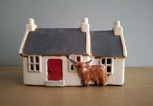 Load image into Gallery viewer, Village Pottery CROFT HOUSE with HIGHLAND COW Tea Light Holder