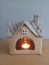 Load image into Gallery viewer, Village Pottery Cottage Tea Light Holder With Chimney Cream and Grey Garden House Tea Light 15cm NEW