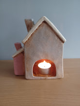 Load image into Gallery viewer, Village Pottery Pink and Grey Two House Tea Light Gift NEW RANGE