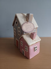 Load image into Gallery viewer, Village Pottery Pink and Grey Two House Tea Light Gift NEW RANGE