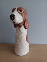 Load image into Gallery viewer, VILLAGE POTTERY TOP DOG VASE CERAMIC BROWN AND WHITE BASSETT HOUND VASE 26cm