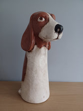 Load image into Gallery viewer, VILLAGE POTTERY TOP DOG VASE CERAMIC BROWN AND WHITE BASSETT HOUND VASE 26cm