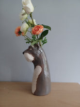 Load image into Gallery viewer, VILLAGE POTTERY TOP DOG VASE CERAMIC GREY AND WHITE SCHNAUZER VASE 26cm
