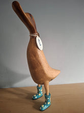 Load image into Gallery viewer, DCUK Wooden Duck Named LOUISE Teal Floral Boots 35cm Free Gift Box