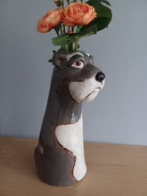 Load image into Gallery viewer, VILLAGE POTTERY TOP DOG VASE CERAMIC GREY AND WHITE SCHNAUZER VASE 26cm