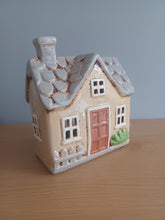 Load image into Gallery viewer, Village Pottery Cottage Tea Light Holder With Chimney Cream and Grey Garden House Tea Light 15cm NEW
