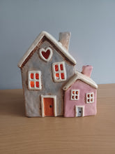 Load image into Gallery viewer, Village Pottery Pink and Grey Two House Tea Light Gift NEW RANGE