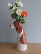 Load image into Gallery viewer, VILLAGE POTTERY TOP DOG VASE CERAMIC BROWN AND WHITE BASSETT HOUND VASE 26cm
