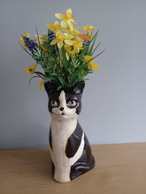 Load image into Gallery viewer, Black and White Cat Kitten Vase Ceramic Top Cat Vase by Village Pottery 20cm Tall NEW