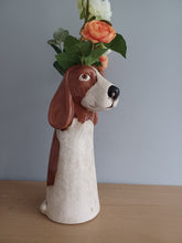 Load image into Gallery viewer, VILLAGE POTTERY TOP DOG VASE CERAMIC BROWN AND WHITE BASSETT HOUND VASE 26cm