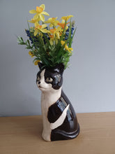 Load image into Gallery viewer, Black and White Cat Kitten Vase Ceramic Top Cat Vase by Village Pottery 20cm Tall NEW