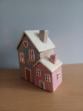 Load image into Gallery viewer, Village Pottery Pink and Grey Two House Tea Light Gift NEW RANGE