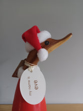 Load image into Gallery viewer, DCUK TRADITIONAL SANTA  DUCKLING Named EVE With Gift Bag Handpainted Wooden Christmas Duck Ornament Gift 18cm NEW