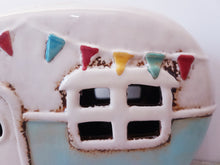 Load image into Gallery viewer, Retro Ceramic Village Pottery Aqua CARAVAN MONEY BOX Piggy Bank Gift Ornament Decoration 18cm Long
