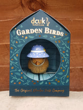 Load image into Gallery viewer, DCUK Wooden Garden Bird With Bird House Gift Box Bonnie Birds Lilac Floral Bonnet Named BEATRIX Hand Carved Hand Painted GIFT Ornament 12cm Tall
