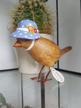 Load image into Gallery viewer, DCUK Wooden Garden Bird With Bird House Gift Box Bonnie Birds Lilac Floral Bonnet Named BEATRIX Hand Carved Hand Painted GIFT Ornament 12cm Tall