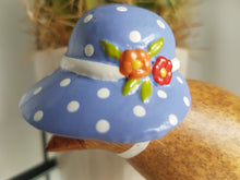 Load image into Gallery viewer, DCUK Wooden Garden Bird With Bird House Gift Box Bonnie Birds Lilac Floral Bonnet Named BEATRIX Hand Carved Hand Painted GIFT Ornament 12cm Tall
