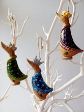 Load image into Gallery viewer, DCUK Christmas Tree Hanging Decorations SET OF THREE KINGS With Gift Bag Green Purple and Blue Miniature Duck 10cm Tall Hand Carved Hand Painted Gift Ornament.