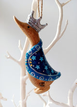 Load image into Gallery viewer, DCUK Three Kings Christmas Tree Hanging Decorations SET OF THREE With Gift Bag Green Purple and Blue Miniature Duck 10cm Tall Hand Carved Hand Painted Gift Ornament.