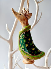 Load image into Gallery viewer, DCUK Christmas Tree Hanging Decorations SET OF THREE KINGS With Gift Bag Green Purple and Blue Miniature Duck 10cm Tall Hand Carved Hand Painted Gift Ornament.