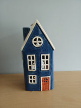 Load image into Gallery viewer, Village Pottery Tall Blue House Tea Light Holder Gift NEW