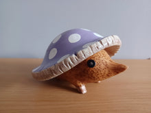 Load image into Gallery viewer, DCUK Toadstool Hedgy Wooden Hedgehog Lilac Spotty Toadstool Hat