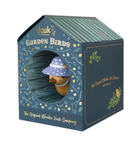 Load image into Gallery viewer, DCUK Wooden Garden Bird With Bird House Gift Box Bonnie Birds Lilac Floral Bonnet Named BEATRIX Hand Carved Hand Painted GIFT Ornament 12cm Tall