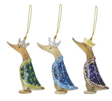 Load image into Gallery viewer, DCUK Three Kings Christmas Tree Hanging Decorations SET OF THREE With Gift Bag Green Purple and Blue Miniature Duck 10cm Tall Hand Carved Hand Painted Gift Ornament.
