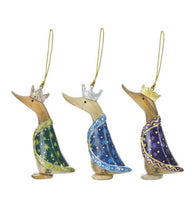 Load image into Gallery viewer, DCUK Christmas Tree Hanging Decorations SET OF THREE KINGS With Gift Bag Green Purple and Blue Miniature Duck 10cm Tall Hand Carved Hand Painted Gift Ornament.