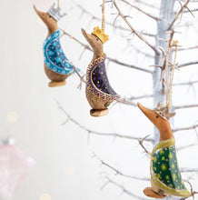 Load image into Gallery viewer, DCUK Christmas Tree Hanging Decorations SET OF THREE KINGS With Gift Bag Green Purple and Blue Miniature Duck 10cm Tall Hand Carved Hand Painted Gift Ornament.