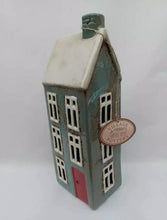 Load image into Gallery viewer, Ceramic Village Pottery Tall Grey House Tea Light Holder With Chimney Gift Ornament Decoration 28cm