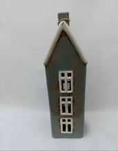 Load image into Gallery viewer, Ceramic Village Pottery Tall Grey House Tea Light Holder With Chimney Gift Ornament Decoration 28cm