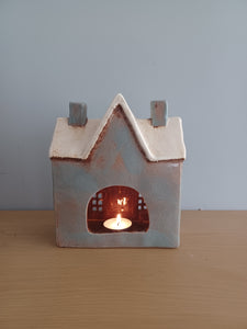 Village Pottery Grey SCHOOL HOUSE Tea Light Gift NEW