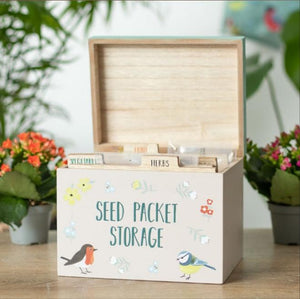 British Birds SEED PACKET STORAGE BOX Wooden Garden Organiser Gift