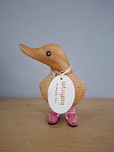 Load image into Gallery viewer, DCUK Duck Wild Welly PINK BUTTERFLY BOOTS Wooden Ducky Named KATHRYN
